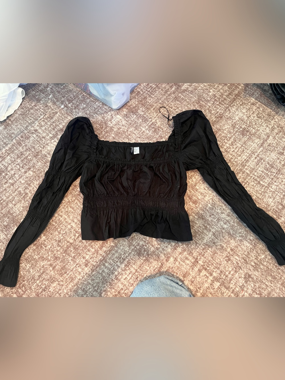 H&M Black Smocked Long Sleeve Square Neck Top